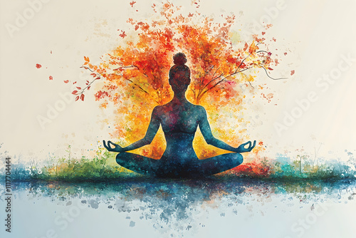 Woman meditating in lotus pose, autumn tree.