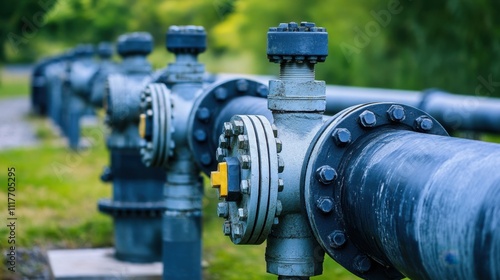 Industrial Pipeline Valves in a Green Landscape.