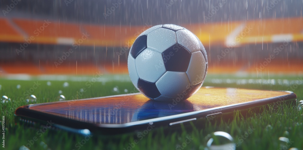 A phone screen displaying a soccer ball with a stadium in the background, symbolizing the concept of mobile sports betting or gambling.