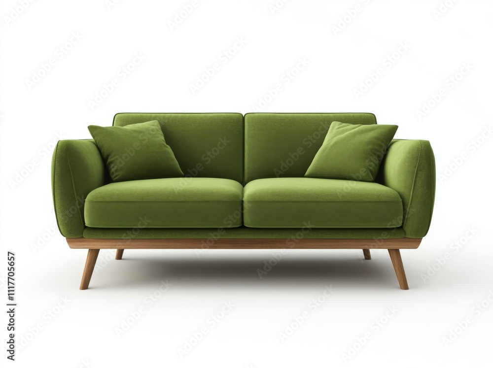 A green sofa with wooden legs and two pillows, isolated on a white background, viewed from the front. Scandinavian design for a modern living room furniture concept. A green sofa with wooden legs and two pillows, isolated on a white background, viewed from the front. Scandinavian design for a modern living room furniture concept.