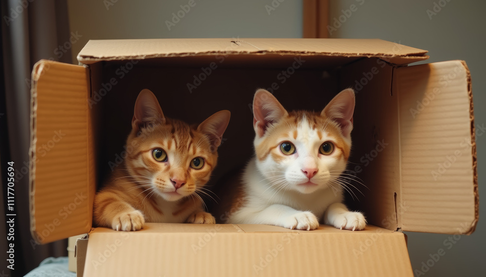 Two adorable cats peeking out of a cardboard box in a cozy room Two adorable cats peeking out of a cardboard box in a cozy room