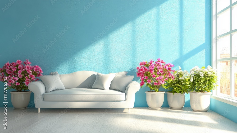 A white sofa with flower pots in the interior of the living room with blue walls with sunlight. A white sofa with flower pots in the interior of the living room with blue walls with sunlight.