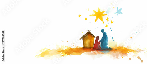 Nativity Scene: A heartwarming depiction of the Nativity scene, featuring figures in silhouette and a rustic stable under the gentle guidance of celestial stars