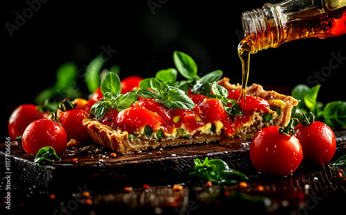 A slice of pizza with tomatoes and basil on top. A bottle of oil is poured over the pizza