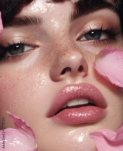 A close-up of the face, with pink flowers on her cheek and black winged eyeliner. The model has freckles around his eyes. Generative AI. photo