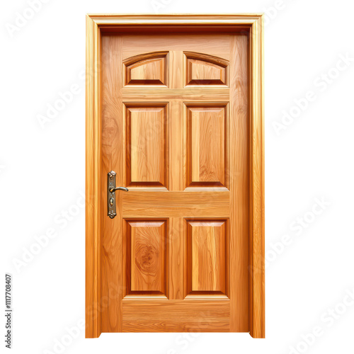 Wooden door with classic design and polished finish, featuring six panels and stylish handle. Perfect for home interiors. isolated on transparent background