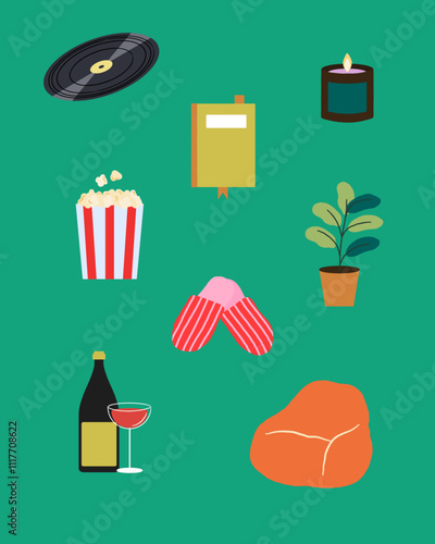 Various objects found at home. Vinyl, plant, candle, popcorn, wine, slippers, sofa, book. Isolated Flat illustrations. Hand drawn modern Vector illustration. photo