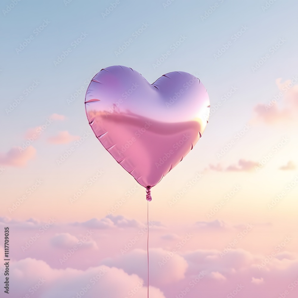 Fototapeta premium Heart balloon floating amid serene sunset skies with puffy clouds