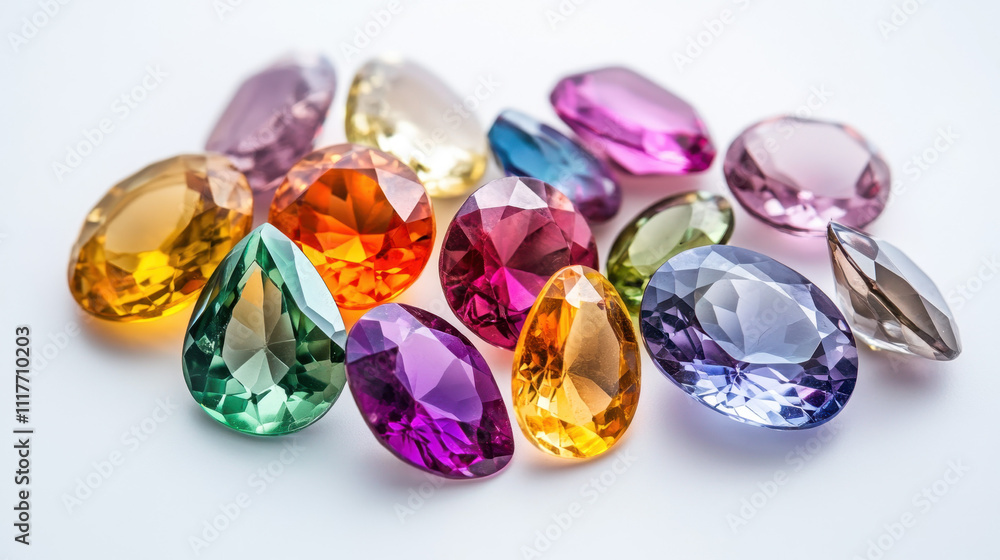 A vibrant collection of multi-colored gemstones displayed against a white background, showcasing brilliant cuts and vivid hues, including green, yellow, and pink. A vibrant collection of multi-colored gemstones displayed against a white background, showcasing brilliant cuts and vivid hues, including green, yellow, and pink.