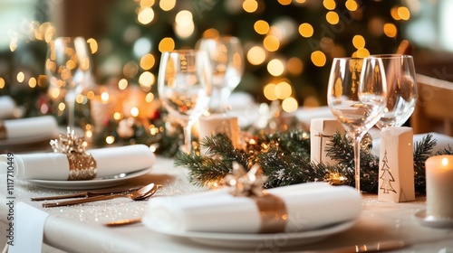 Elegant holiday table setting with white and silver accents featuring Christmas crackers and snowy garland centerpiece