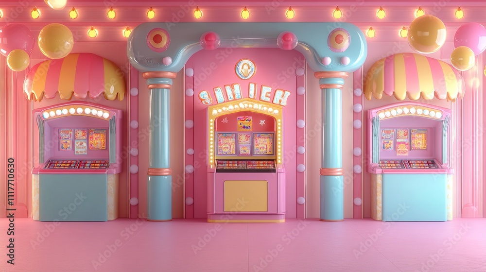A whimsical, pastel-colored arcade with candy-themed decor and game displays. A whimsical, pastel-colored arcade with candy-themed decor and game displays.