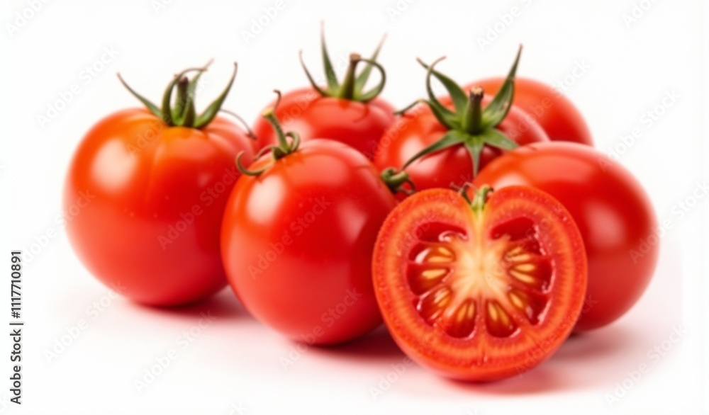 Fresh ripe tomatoes with one sliced showcasing juicy interior on white background Fresh ripe tomatoes with one sliced showcasing juicy interior on white background
