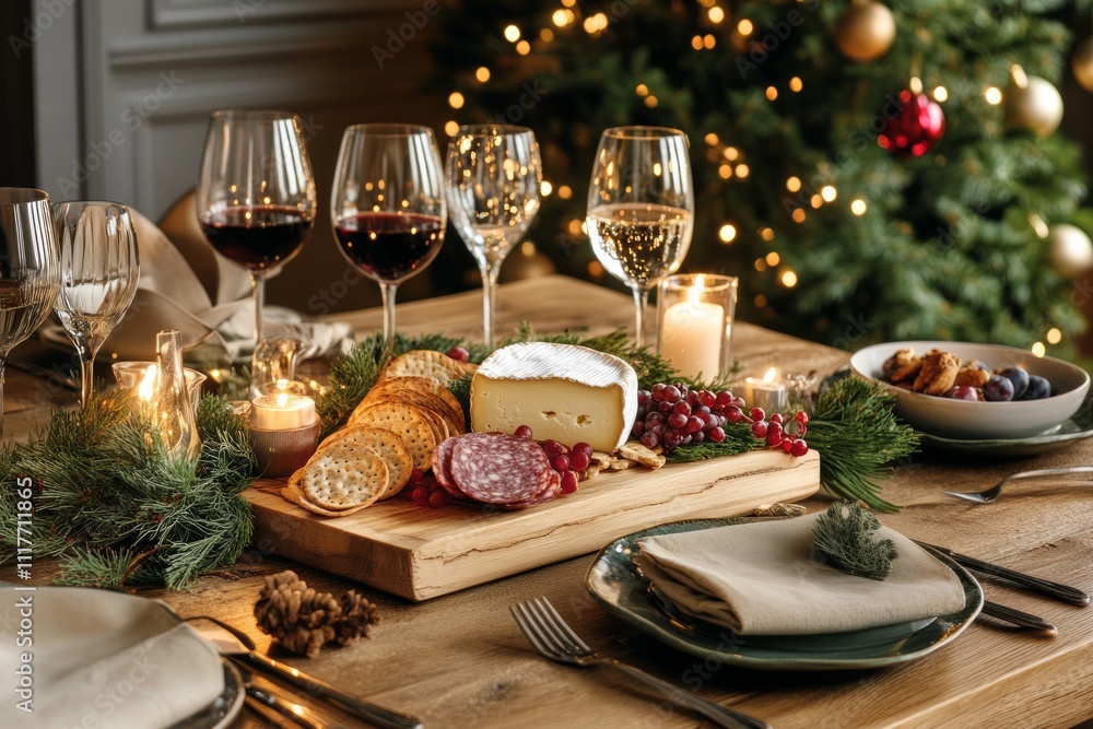 Gourmet cheese board adorned with wine glasses and candles creates a festive atmosphere on a rustic wooden table Gourmet cheese board adorned with wine glasses and candles creates a festive atmosphere on a rustic wooden table