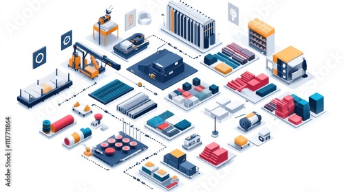 Wallpaper Mural An isometric illustration of a complex automated production line with various machinery and robots, showcasing the interconnectedness of different stages of production. Torontodigital.ca
