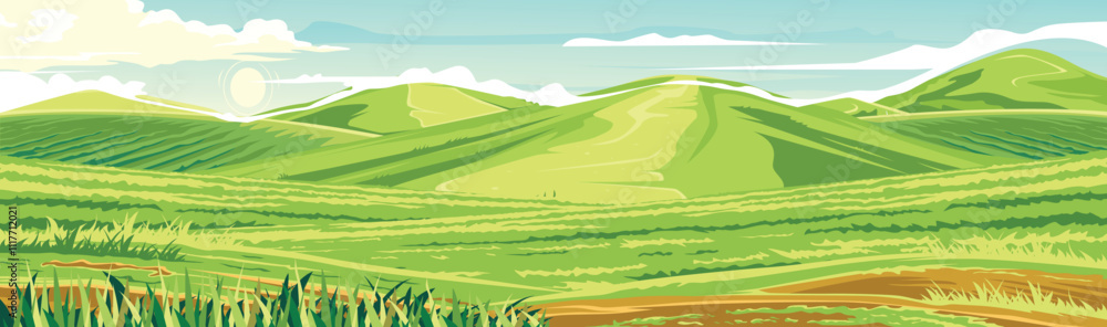 views of a wide green valley surrounded by undulating hills. views of a wide green valley surrounded by undulating hills.
