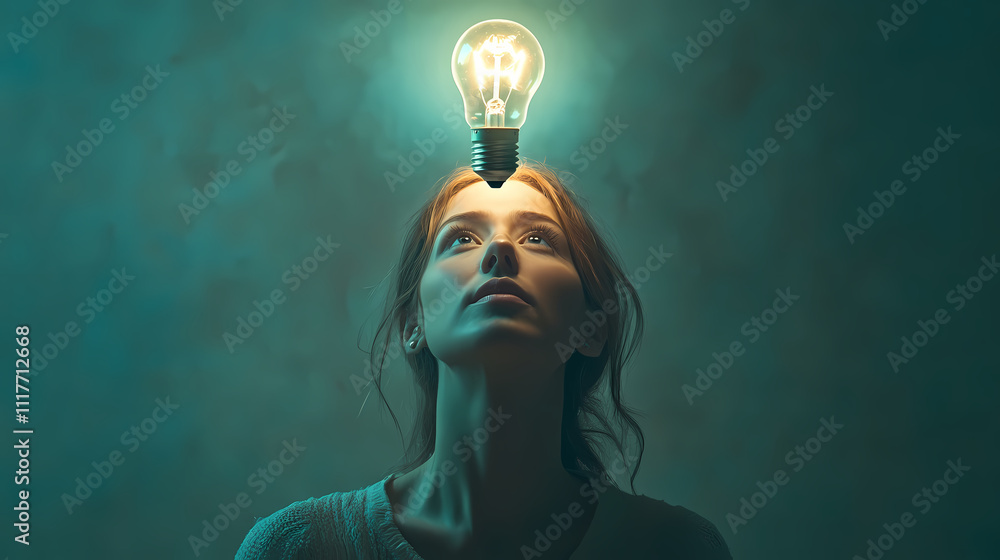 Fototapeta premium Illumination of Ideas: A young woman gazes upward, a glowing lightbulb illuminating above her, symbolizing innovation and the spark of a new concept.