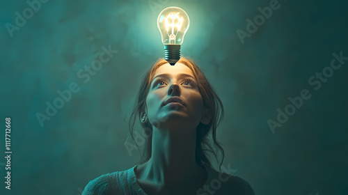 Illumination of Ideas: A young woman gazes upward, a glowing lightbulb illuminating above her, symbolizing innovation and the spark of a new concept.