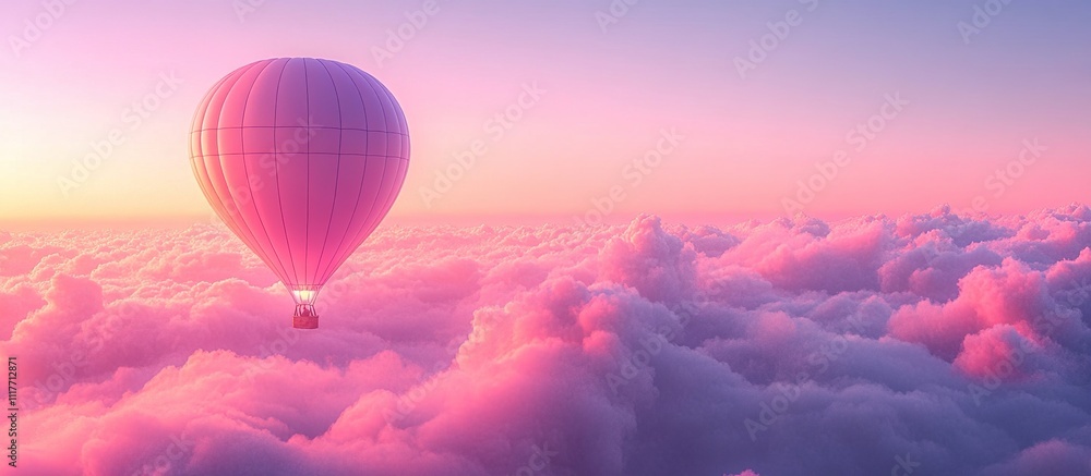 Obraz premium A serene hot air balloon floats above soft, pink-hued clouds at sunrise.