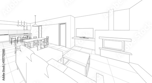 interior kitchen living room 3d illustration	
