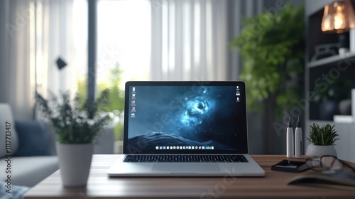 A laptop computer sits open on a wooden table in a living room, with a blurry view of a window with curtains and a sofa behind it.