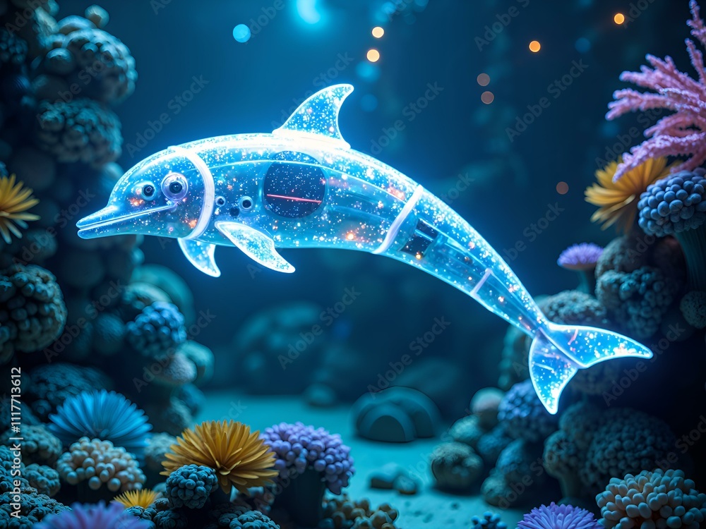 Obraz premium Glowing dolphin swimming through a vibrant coral reef in an underwater fantasy world, 3d rendering of fantasy art concept.