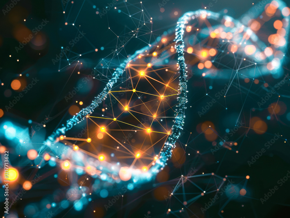 a glowing digital DNA strand, representing the evolution of technology and bioengineering. a glowing digital DNA strand, representing the evolution of technology and bioengineering.