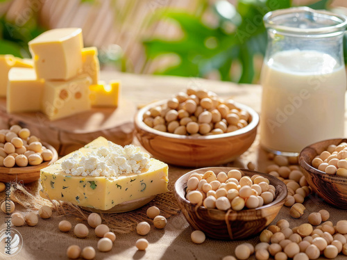 various soybean products like cheese and milk arranged on a table with fresh chickpeas in one bowl photo