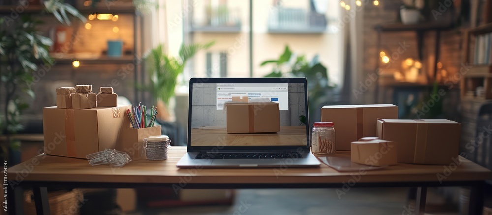 Laptop with cardboard boxes on desk, showing online shopping for home delivery. Laptop with cardboard boxes on desk, showing online shopping for home delivery.