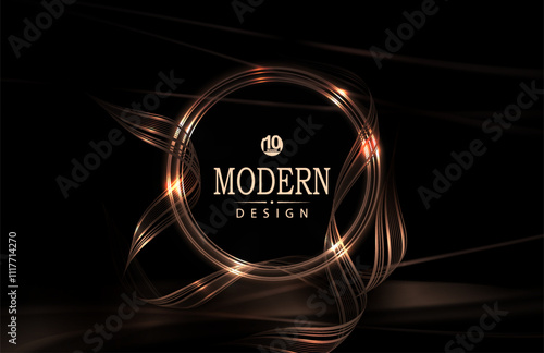 Composition with a round gold frame with shiny ribbons on a black background.