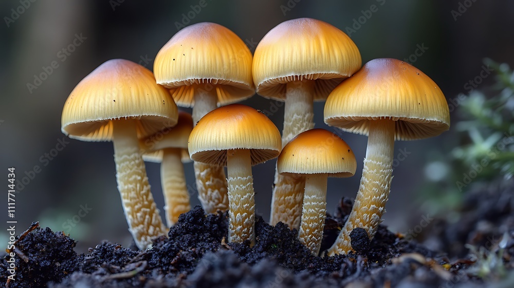 Cluster of small, golden-brown mushrooms growing in dark soil. Cluster of small, golden-brown mushrooms growing in dark soil.