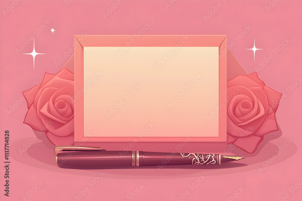 Pink roses, blank card, and pen. Pink roses, blank card, and pen.