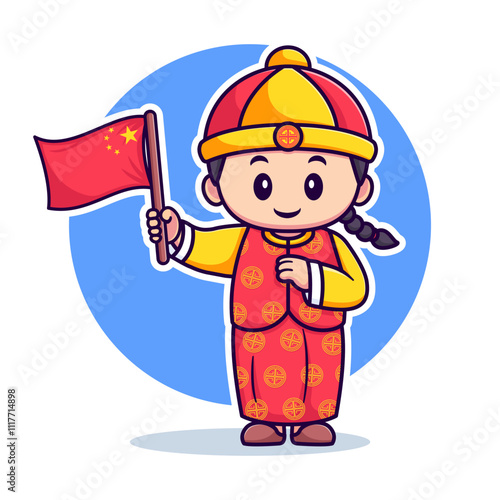 Cute boy wearing traditional clothes and holding chinese flag cartoon vector icon illustration