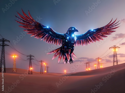 A futuristic cybernetic raven soaring over a desert landscape with electric power lines at dusk, digital art of futurism concept.