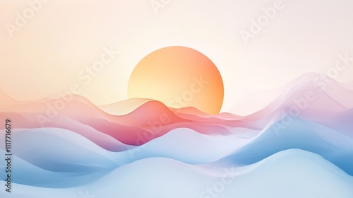 Soft, abstract landscape with a rising sun and flowing waves.