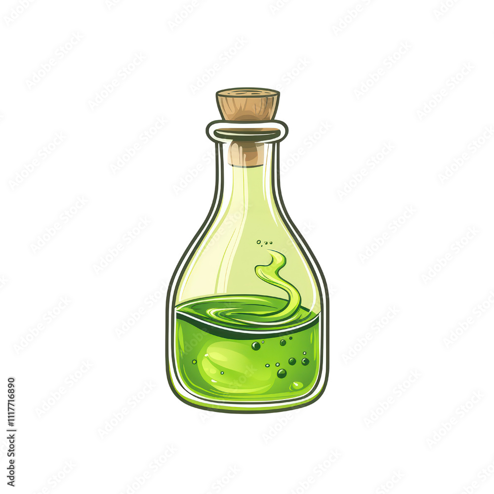 glass bottle filled with green liquid, featuring bubbles and cork stopper, evokes sense of mystery and magic. isolated on transparent background glass bottle filled with green liquid, featuring bubbles and cork stopper, evokes sense of mystery and magic. isolated on transparent background