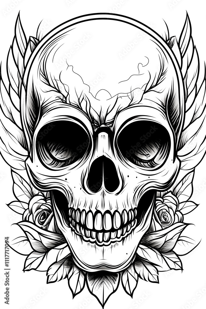 Obraz premium A skull with a rose and leaves surrounding it. The skull is smiling and has a sense of humor