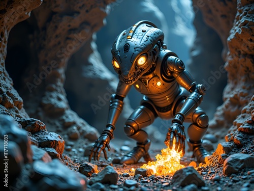 A futuristic robot exploring an enigmatic cave, illuminated by mysterious glowing ember, digital art of futuristic exploration concept. photo