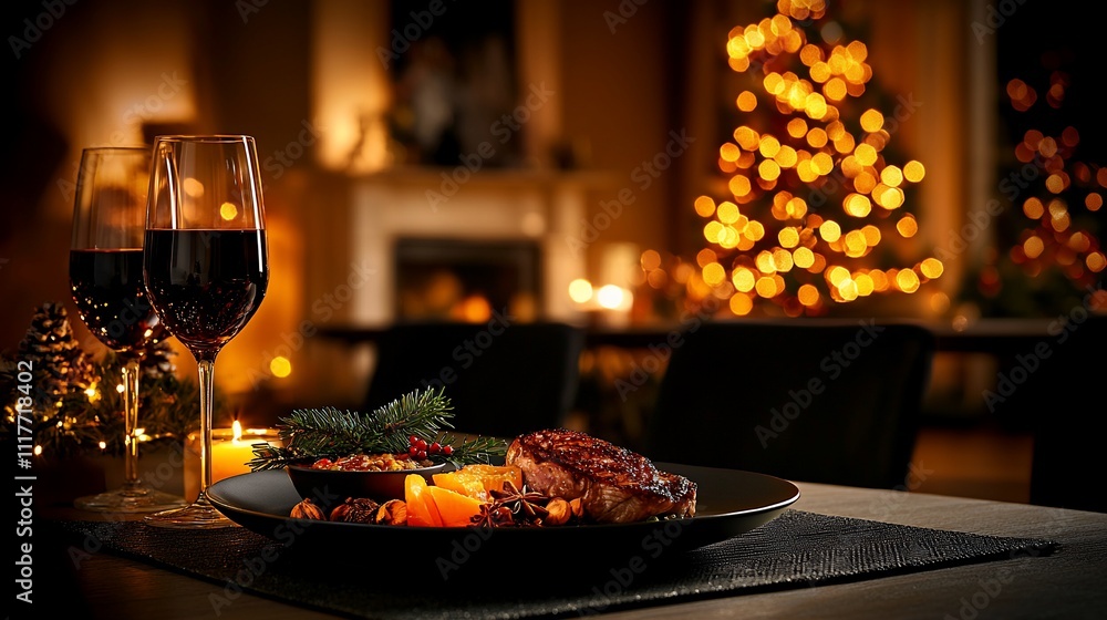Festive Christmas dinner with duck and wine.