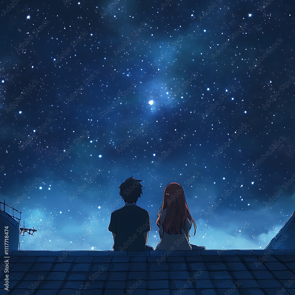 Obraz premium Anime Couple Sitting on a Rooftop, Watching the Stars Twinkle Above on White Background