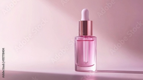 Luxury Iridescent Skincare Serum Bottle: Asymmetrical Design with Rose Gold Dropper, Soft Illumination on a Minimalist White Backdrop. High-End Commercial Photography.