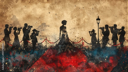 Golden Globe Awards. A glamorous red carpet scene with photographers capturing a woman in an elegant gown amidst dazzling lights.