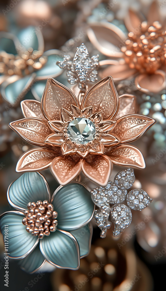 Close-up of ornate rose gold and teal artificial flowers with sparkling crystals. Close-up of ornate rose gold and teal artificial flowers with sparkling crystals.