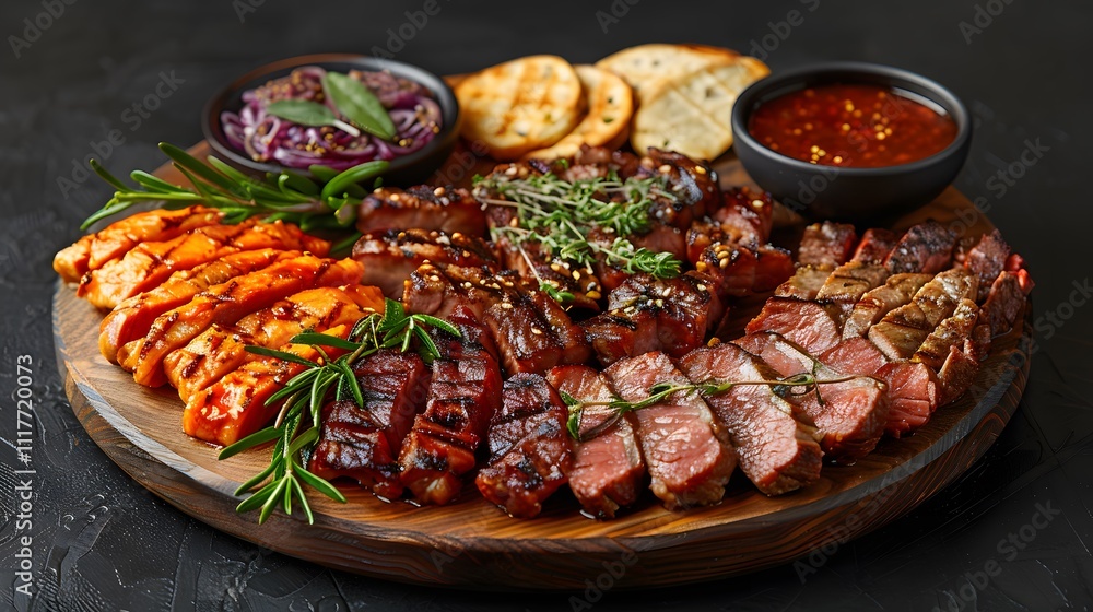 Fresh grilled butcher cut meat assortment garnished with green salad on round wooden pieces Fresh grilled butcher cut meat assortment garnished with green salad on round wooden pieces