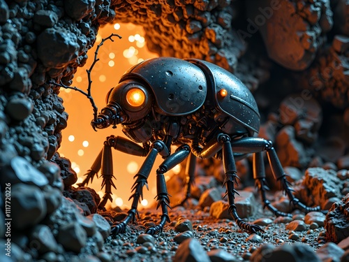 Futuristic robotic insect crawling through a mysterious cave with glowing portal, 3d rendering of sci fi creature design concept. photo