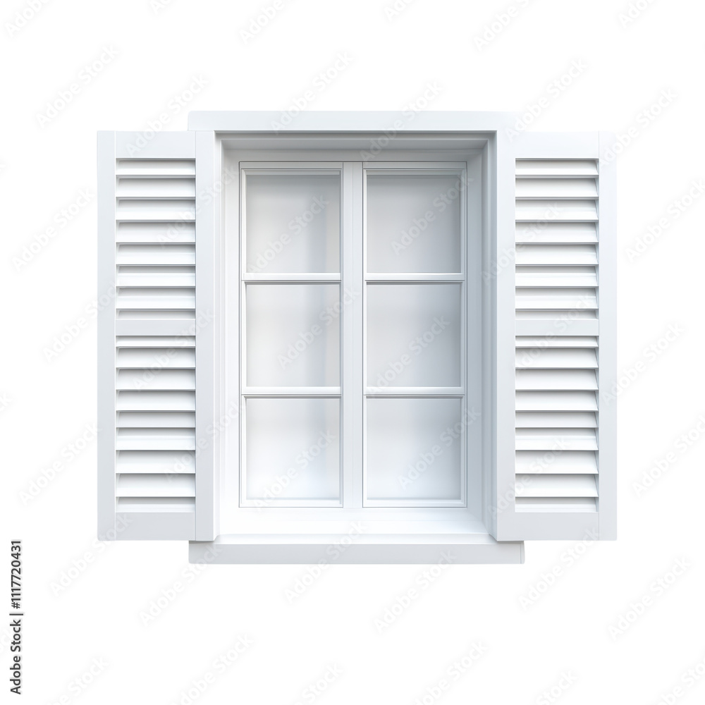 White window with shutters, modern design, clean lines, and bright appearance. Ideal for home decor and architectural projects. isolated on transparent background White window with shutters, modern design, clean lines, and bright appearance. Ideal for home decor and architectural projects. isolated on transparent background