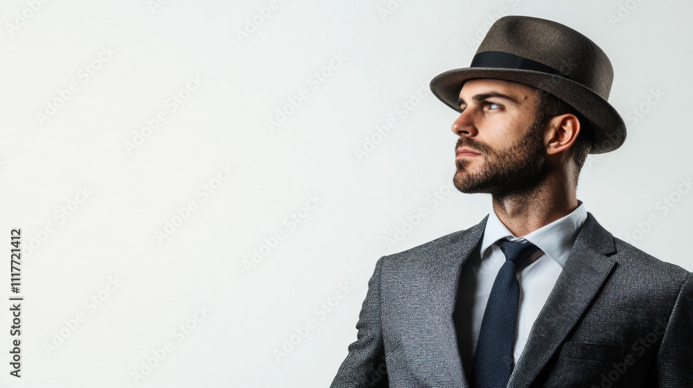 Confident Caucasian man in a stylish hat and suit looks thoughtfully to the side against a minimalist white background. Confident Caucasian man in a stylish hat and suit looks thoughtfully to the side against a minimalist white background.