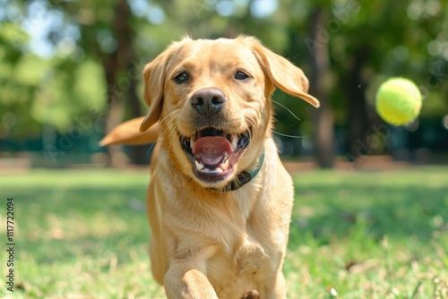 Happy small terrier dog running energetically through green grass on a sunny day, with ears flying and tongue out.