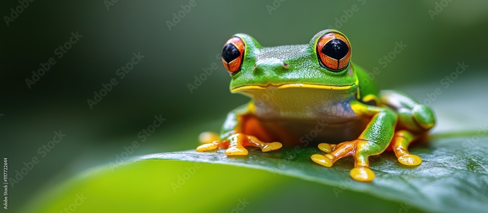 Close-up of a red-eyed tree frog perched on a green leaf. Close-up of a red-eyed tree frog perched on a green leaf.