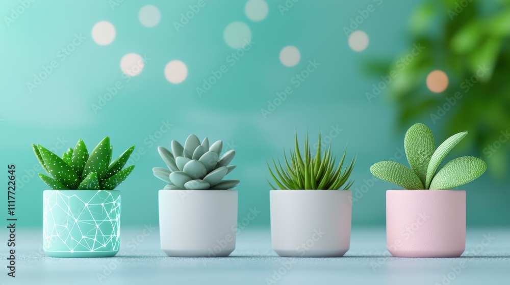 Concept of interaction with health technology users. A serene display of four potted plants, showcasing various succulent types in pastel-colored pots against a soft, blurred background. Concept of interaction with health technology users. A serene display of four potted plants, showcasing various succulent types in pastel-colored pots against a soft, blurred background.