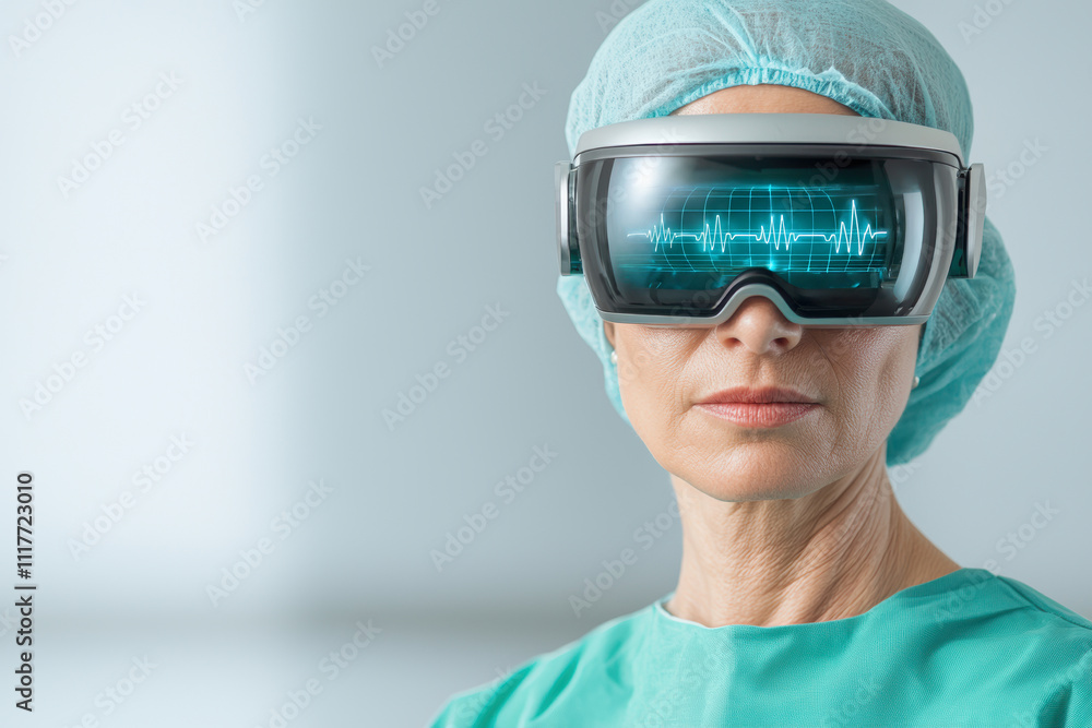 Concept of interaction with health technology users. A healthcare professional wearing virtual reality goggles, displaying a digital heartbeat. Concept of interaction with health technology users. A healthcare professional wearing virtual reality goggles, displaying a digital heartbeat.
